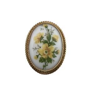 Vintage 1/20th 12K Gold Filled GF Porcelain Oval Brooch Pendant Yellow Flowers